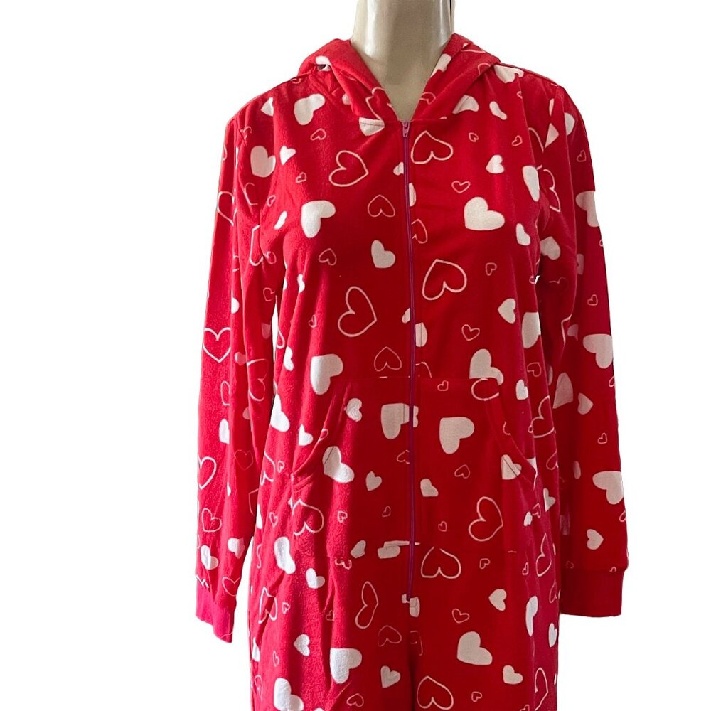 Angelina Red Heart Print Hooded One-Piece Pajamas | Zip-Up Fleece | S/M & L/XL - Picture 6 of 9